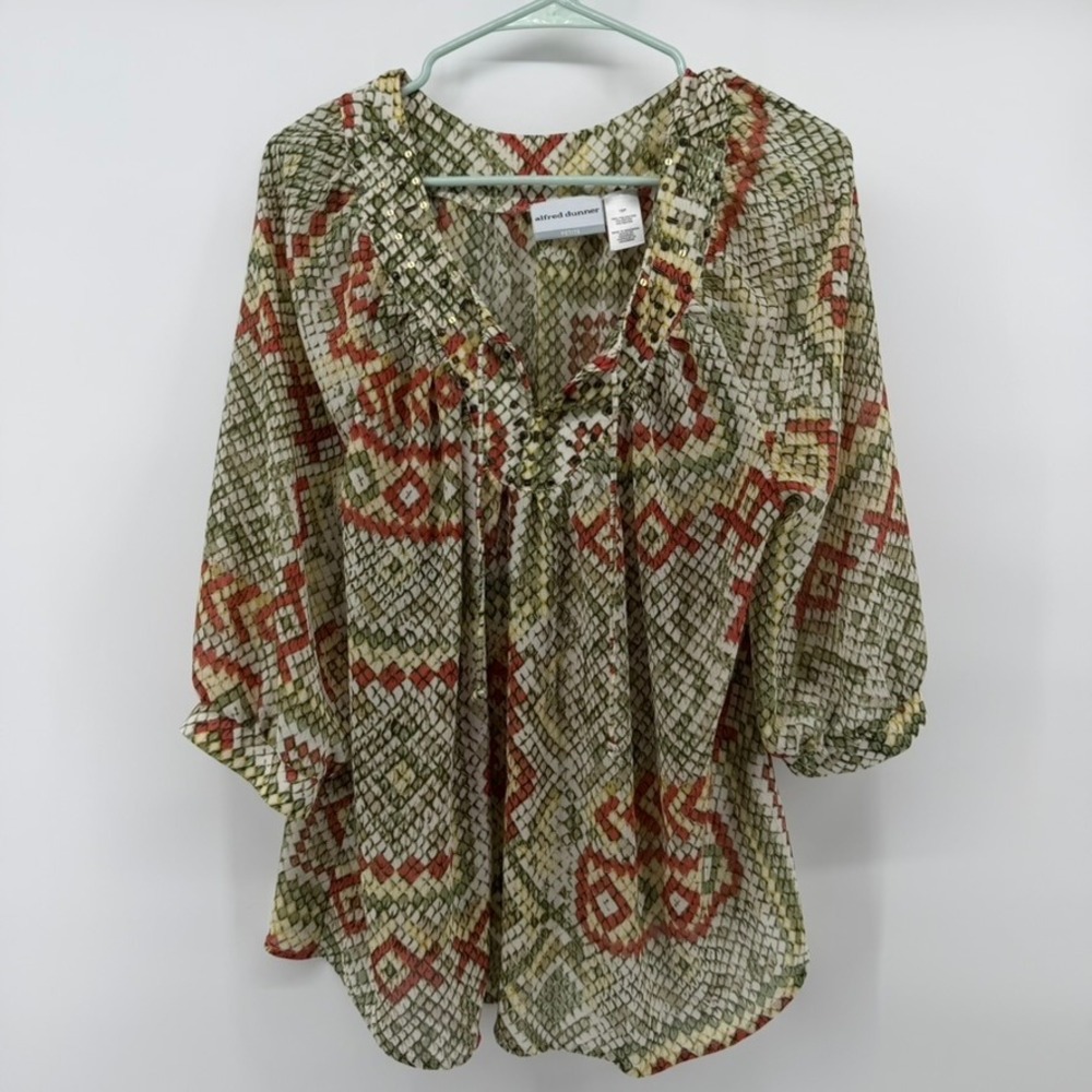 Alfred Dunner Blouse Womens 16P Green Snakeskin Geometric Sequin V-Neck Top - Picture 2 of 7